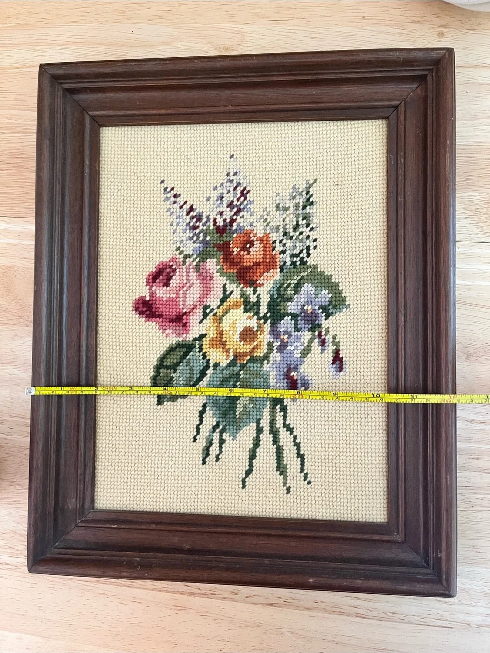 Vintage Handmade Floral Cross-Stitch Wall Art in Wood Frame